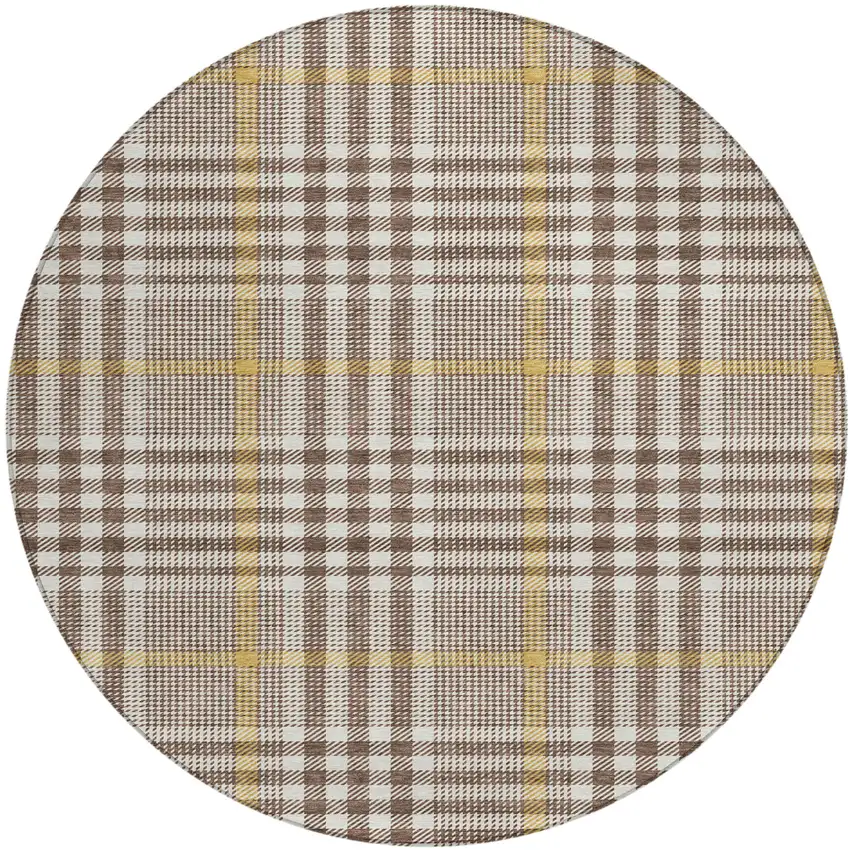8' Brown And Beige Round Plaid Washable Indoor Outdoor Area Rug Photo 2