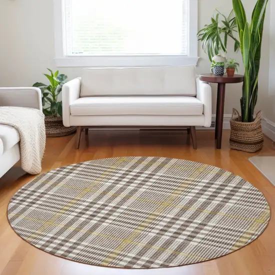 8' Brown And Beige Round Plaid Washable Indoor Outdoor Area Rug Photo 8