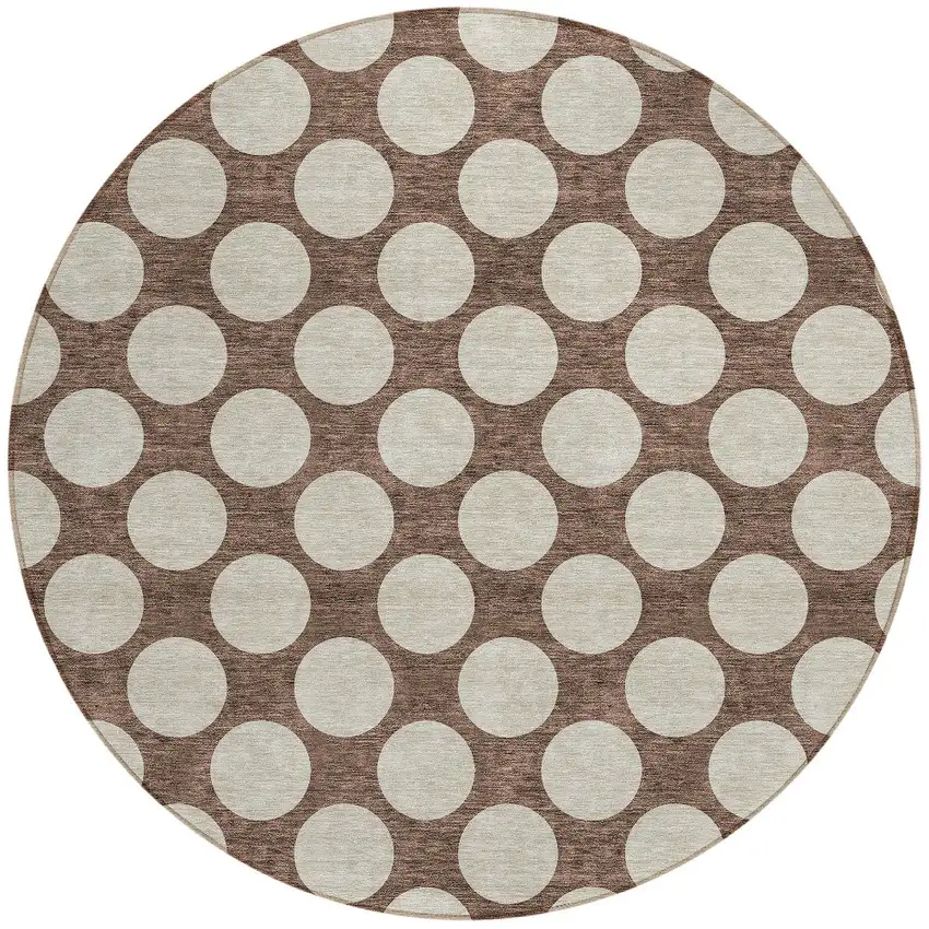 8' Brown And Beige Round Polka Dot Washable Indoor Outdoor Area Rug Photo 4