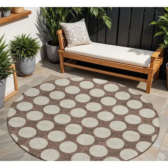 8' Brown And Beige Round Polka Dot Washable Indoor Outdoor Area Rug Photo 1