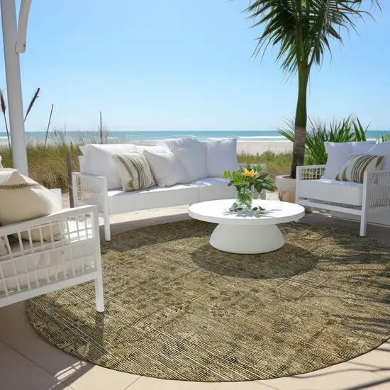 8' Brown And Beige Round Southwestern Washable Indoor Outdoor Area Rug Photo 6