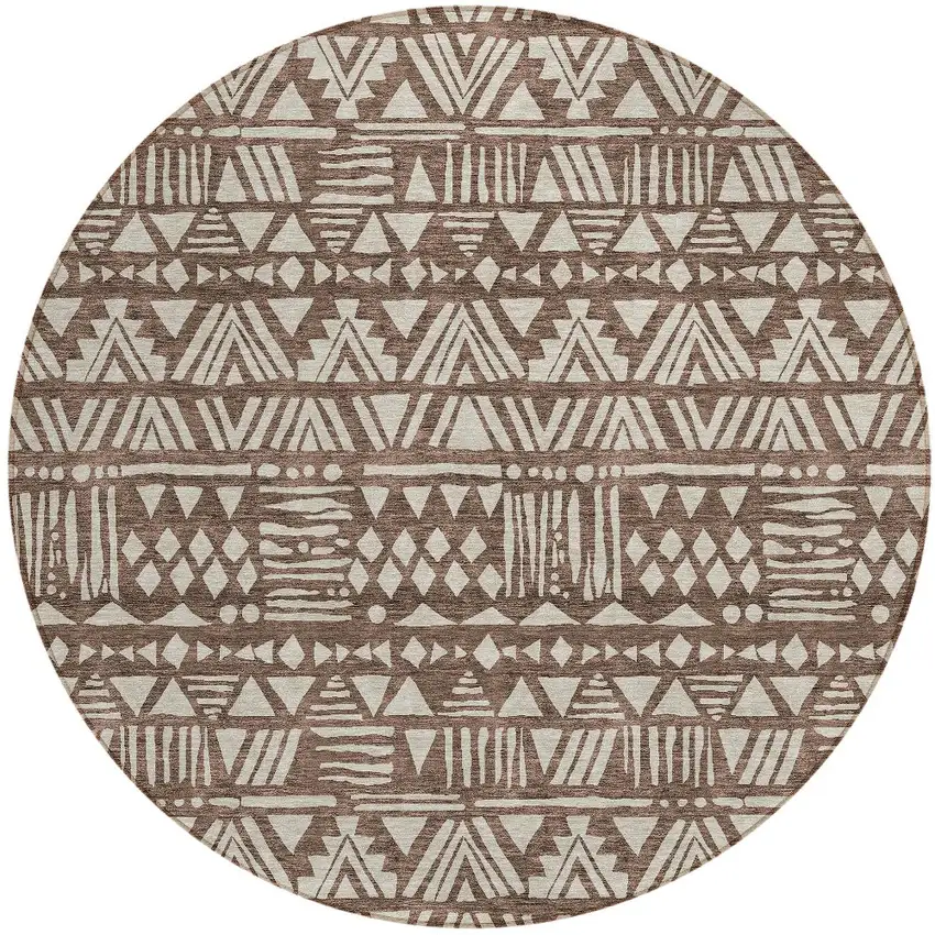 8' Brown And Beige Round Southwestern Washable Indoor Outdoor Area Rug Photo 6