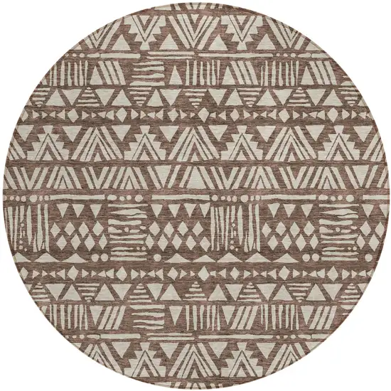 8' Brown And Beige Round Southwestern Washable Indoor Outdoor Area Rug Photo 2