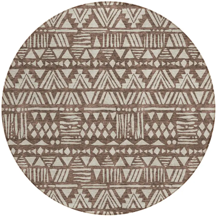 8' Brown And Beige Round Southwestern Washable Indoor Outdoor Area Rug Photo 2
