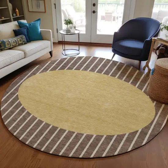 8' Brown And Beige Round Striped Washable Indoor Outdoor Area Rug Photo 8