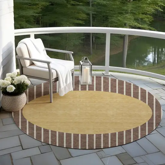 8' Brown And Beige Round Striped Washable Indoor Outdoor Area Rug Photo 7