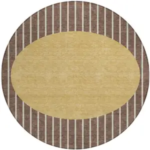 Photo of 8' Brown And Beige Round Striped Washable Indoor Outdoor Area Rug