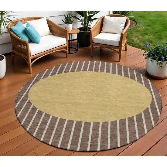 8' Brown And Beige Round Striped Washable Indoor Outdoor Area Rug Photo 1