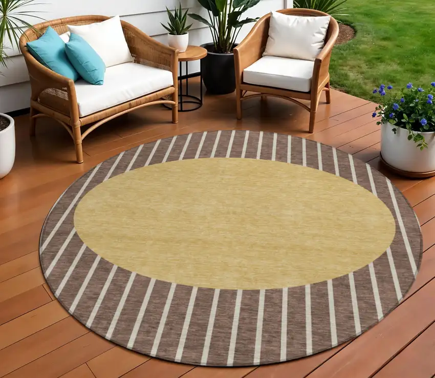 8' Brown And Beige Round Striped Washable Indoor Outdoor Area Rug Photo 1