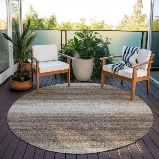 8' Brown And Beige Round Striped Washable Indoor Outdoor Area Rug Photo 6