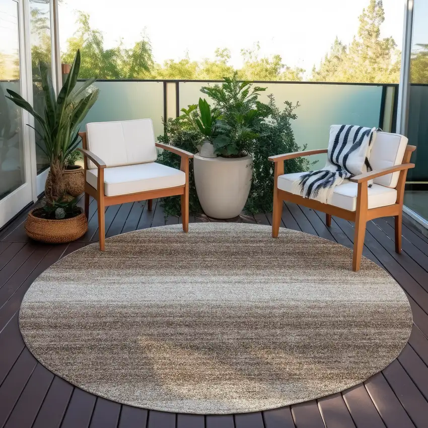 8' Brown And Beige Round Striped Washable Indoor Outdoor Area Rug Photo 6