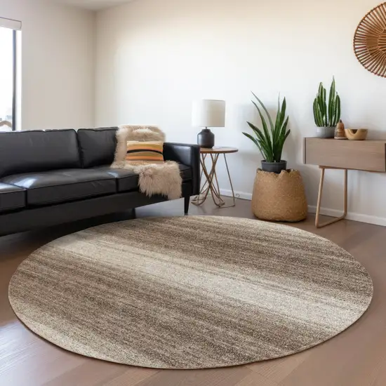 8' Brown And Beige Round Striped Washable Indoor Outdoor Area Rug Photo 7