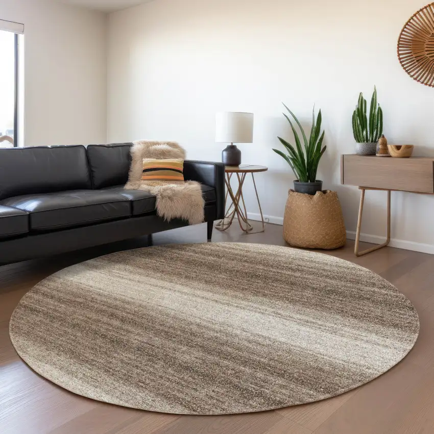 8' Brown And Beige Round Striped Washable Indoor Outdoor Area Rug Photo 7