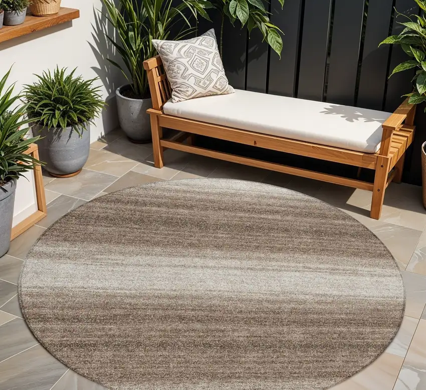 8' Brown And Beige Round Striped Washable Indoor Outdoor Area Rug Photo 1