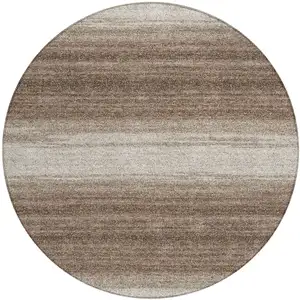 Photo of 8' Brown And Beige Round Striped Washable Indoor Outdoor Area Rug