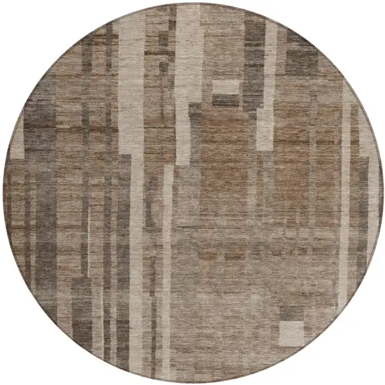 8' Brown And Beige Round Striped Washable Indoor Outdoor Area Rug Photo 2