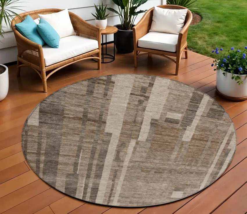 8' Brown And Beige Round Striped Washable Indoor Outdoor Area Rug Photo 1