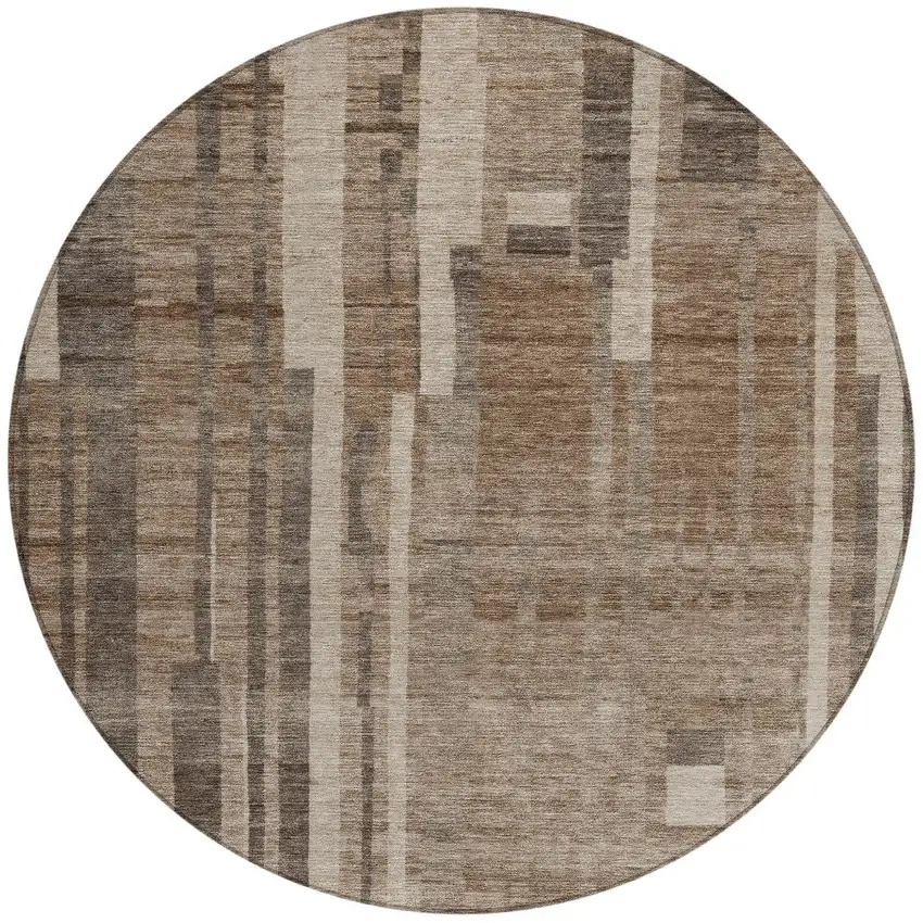 8' Brown And Beige Round Striped Washable Indoor Outdoor Area Rug Photo 6