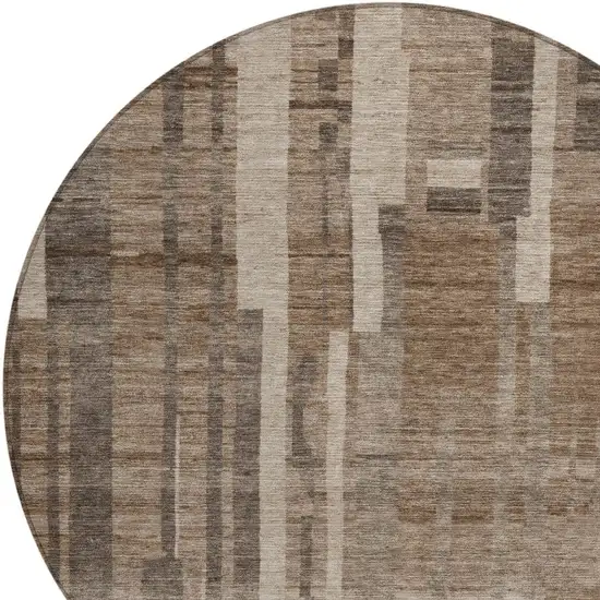8' Brown And Beige Round Striped Washable Indoor Outdoor Area Rug Photo 5