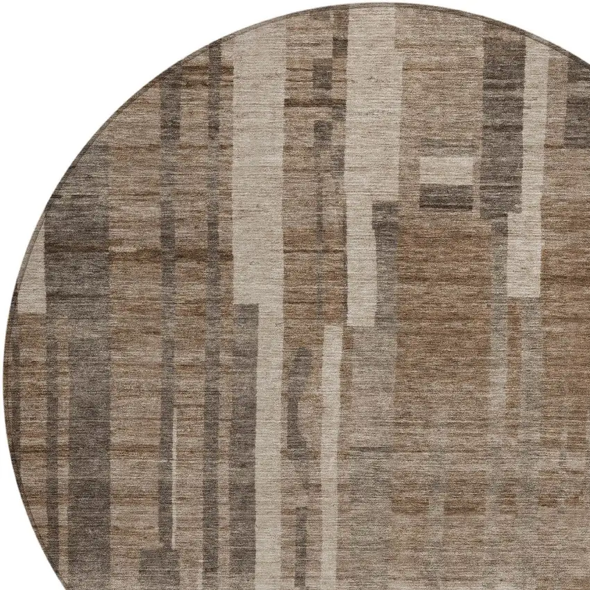 8' Brown And Beige Round Striped Washable Indoor Outdoor Area Rug Photo 5