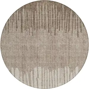 Photo of 8' Brown And Beige Round Striped Washable Indoor Outdoor Area Rug