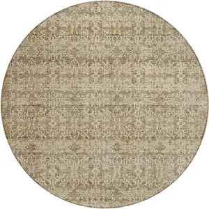 Photo of 8' Brown And Beige Round Striped Washable Indoor Outdoor Area Rug