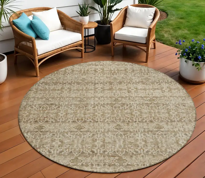 8' Brown And Beige Round Striped Washable Indoor Outdoor Area Rug Photo 2