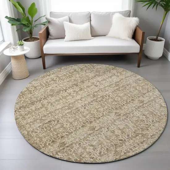 8' Brown And Beige Round Striped Washable Indoor Outdoor Area Rug Photo 7