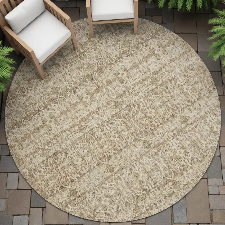 8' Brown And Beige Round Striped Washable Indoor Outdoor Area Rug Photo 5