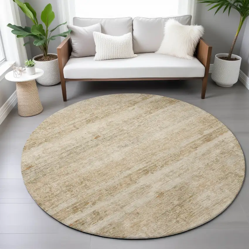 8' Brown And Beige Round Striped Washable Indoor Outdoor Area Rug Photo 8