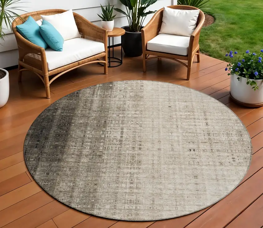 8' Brown And Beige Round Striped Washable Indoor Outdoor Area Rug Photo 1
