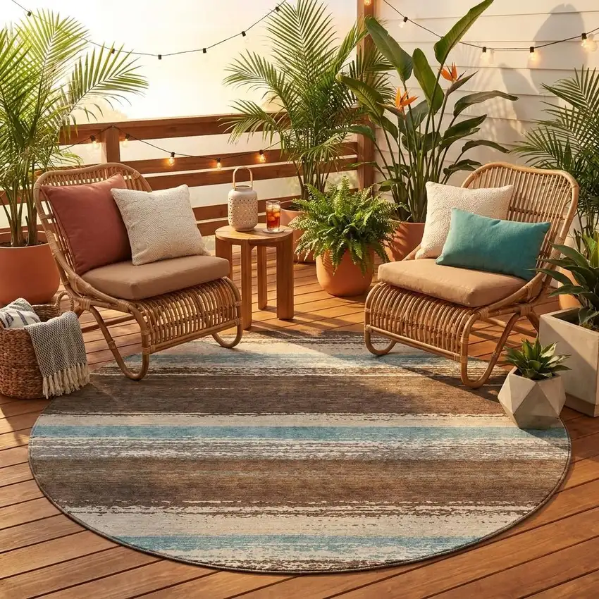 8' Brown And Beige Round Striped Washable Indoor Outdoor Area Rug Photo 1
