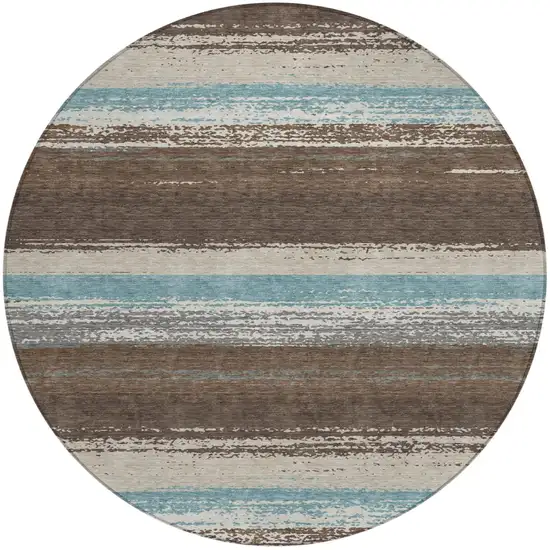 8' Brown And Beige Round Striped Washable Indoor Outdoor Area Rug Photo 2