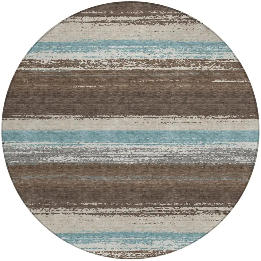 8' Brown And Beige Round Striped Washable Indoor Outdoor Area Rug Photo 2