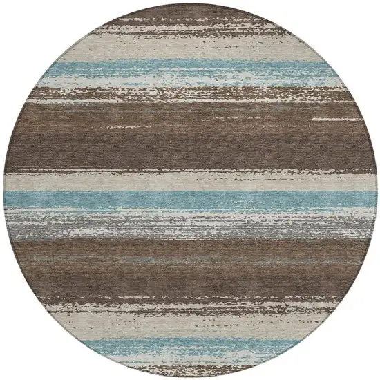 8' Brown And Beige Round Striped Washable Indoor Outdoor Area Rug Photo 4