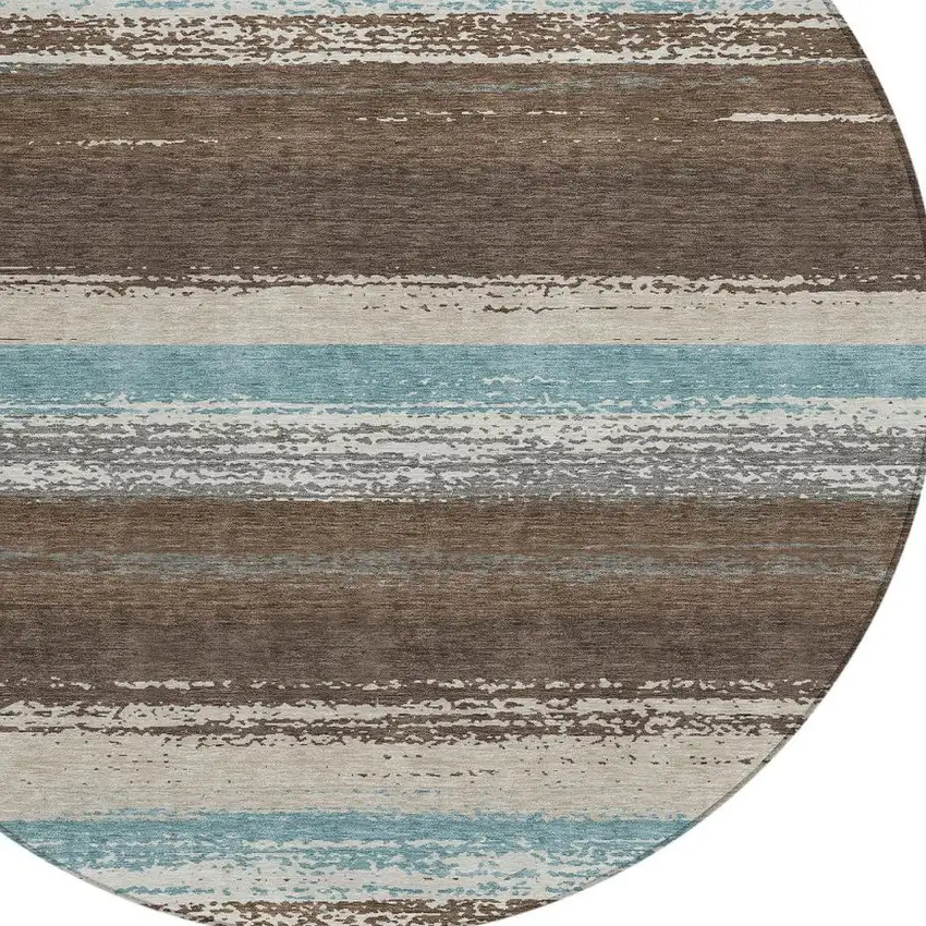 8' Brown And Beige Round Striped Washable Indoor Outdoor Area Rug Photo 3