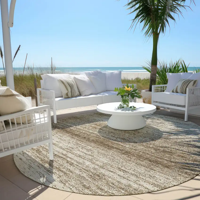 8' Brown And Beige Round Striped Washable Indoor Outdoor Area Rug Photo 6