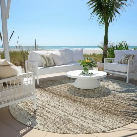 8' Brown And Beige Round Striped Washable Indoor Outdoor Area Rug Photo 6