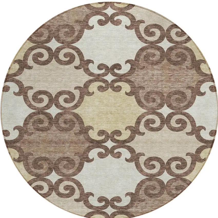 8' Brown And Beige Round Trellis Washable Indoor Outdoor Area Rug Photo 5
