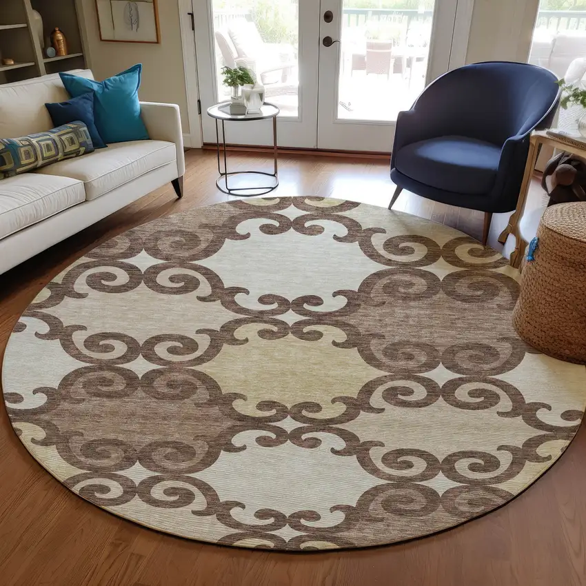 8' Brown And Beige Round Trellis Washable Indoor Outdoor Area Rug Photo 7