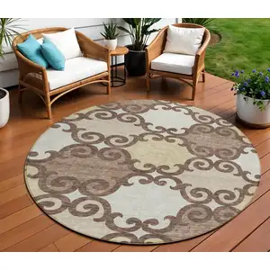 Photo of 8' Brown And Beige Round Trellis Washable Indoor Outdoor Area Rug