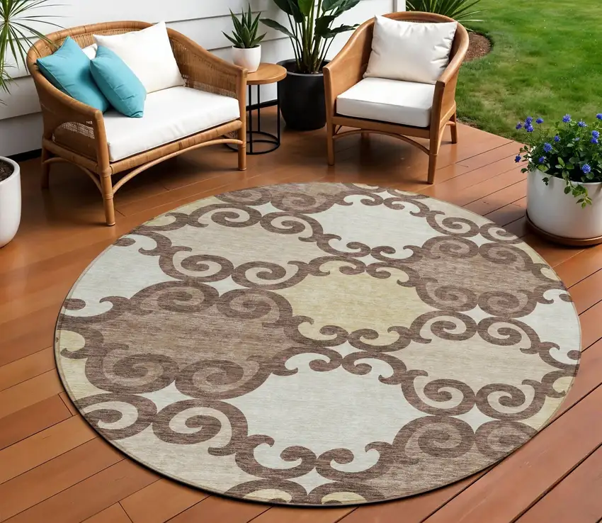 8' Brown And Beige Round Trellis Washable Indoor Outdoor Area Rug Photo 1