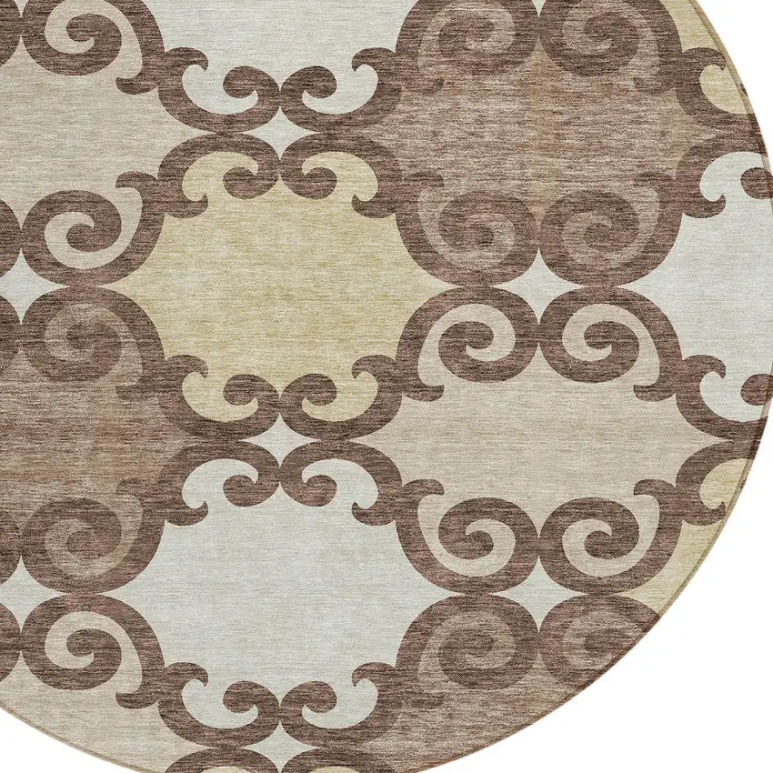 8' Brown And Beige Round Trellis Washable Indoor Outdoor Area Rug Photo 4