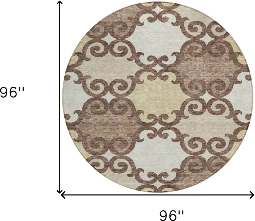8' Brown And Beige Round Trellis Washable Indoor Outdoor Area Rug Photo 3