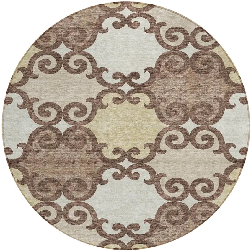 8' Brown And Beige Round Trellis Washable Indoor Outdoor Area Rug Photo 2