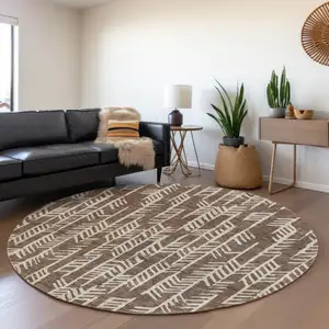 Photo of 8' Brown And Beige Round Tribal Washable Indoor Outdoor Area Rug