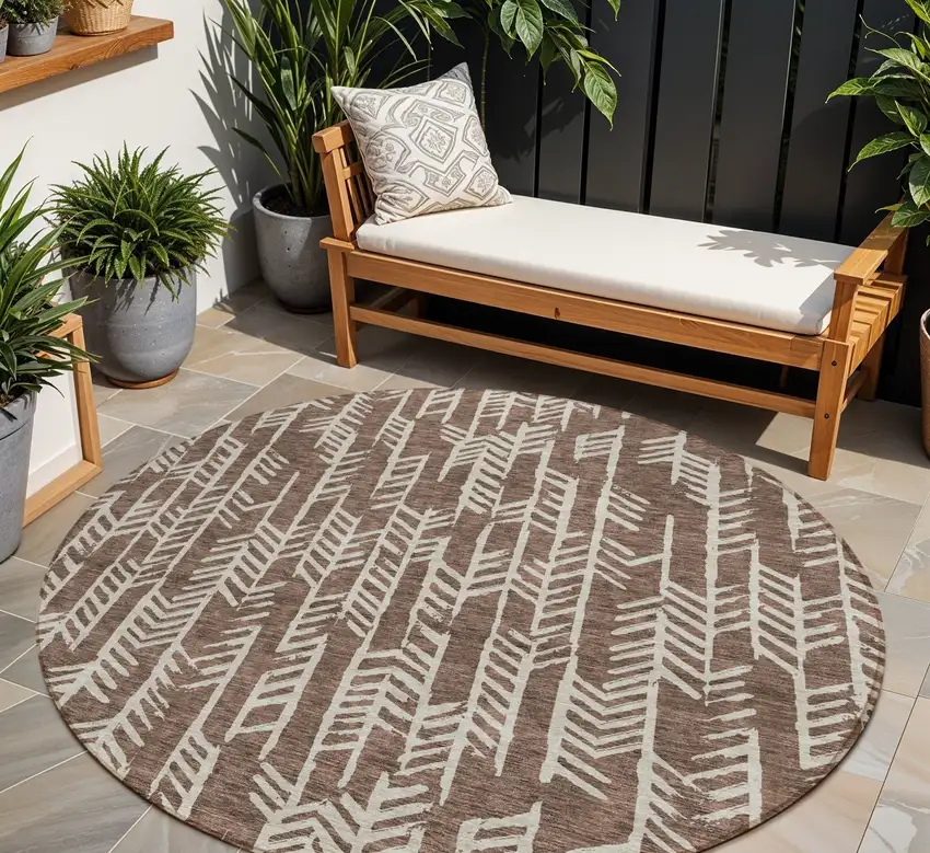 8' Brown And Beige Round Tribal Washable Indoor Outdoor Area Rug Photo 1