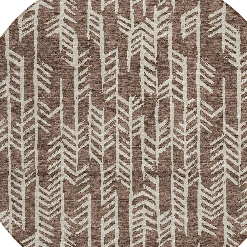 8' Brown And Beige Round Tribal Washable Indoor Outdoor Area Rug Photo 4