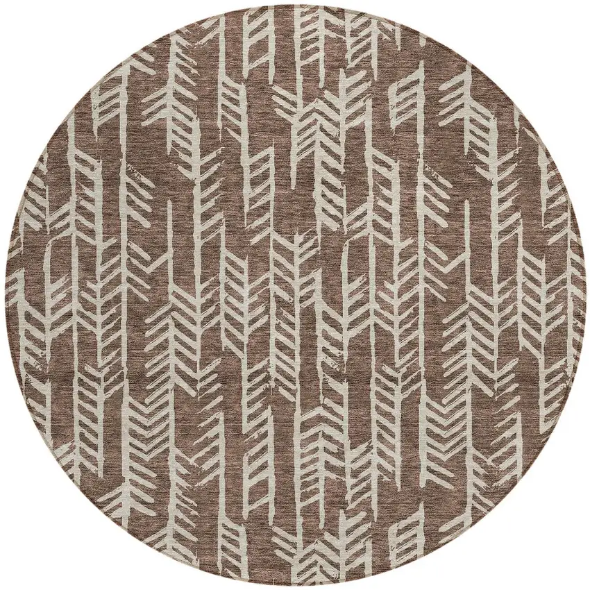 8' Brown And Beige Round Tribal Washable Indoor Outdoor Area Rug Photo 5