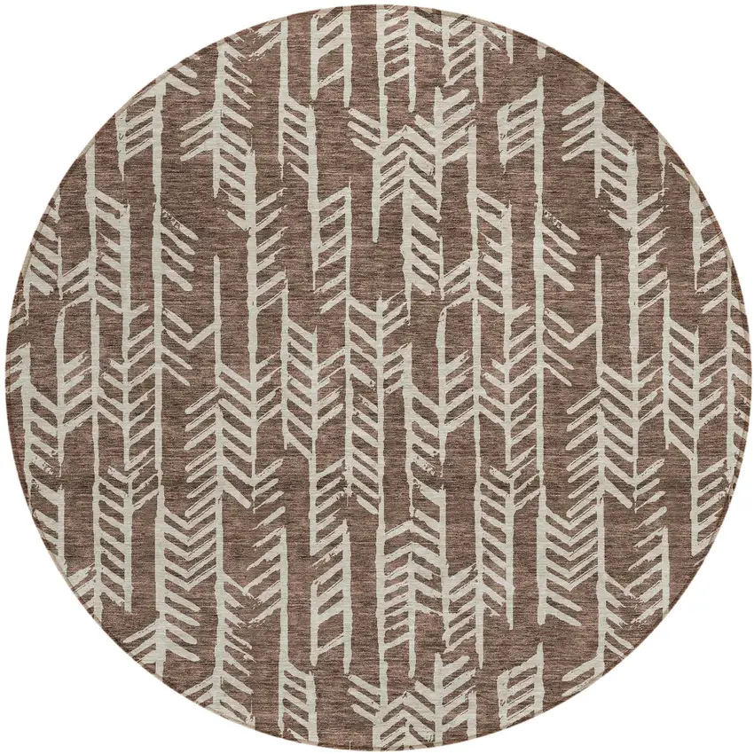8' Brown And Beige Round Tribal Washable Indoor Outdoor Area Rug Photo 2